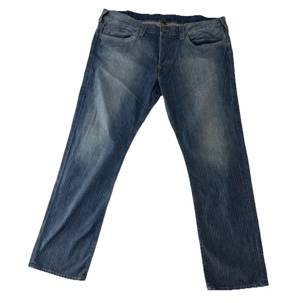 TRUE RELIGION Jeans Mens 44X33 Med Blue Wash Geno Pinstripe Straight Leg